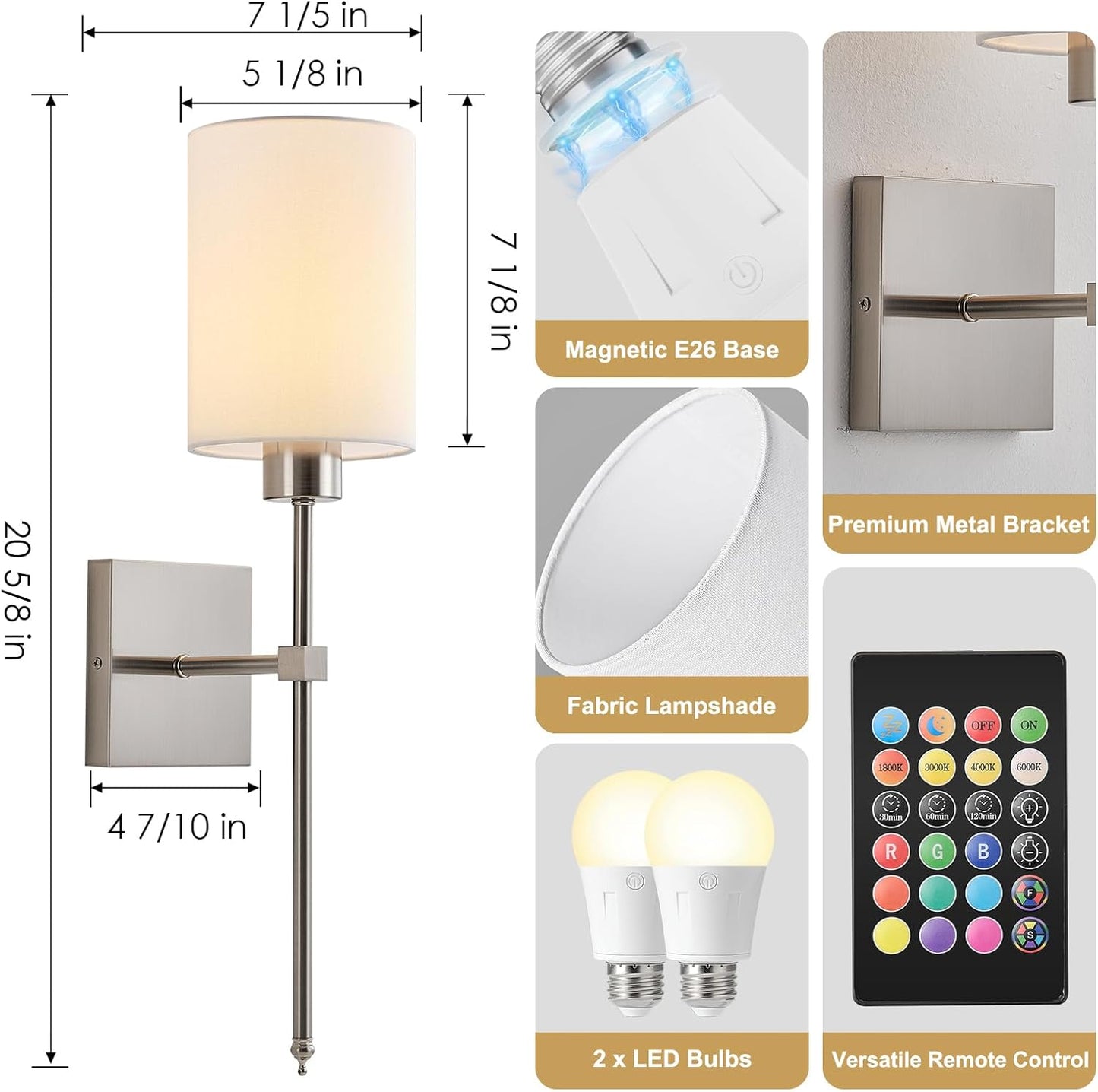 Battery Operated Wall Sconces Set of Two,Wireless Rechargeable Wall Light With Remote Control, Dimmable, Amber Light/Warm White/Natural White/Daylight/RGB, Timer,for Living Room,Bedroom,Entryway,Gold