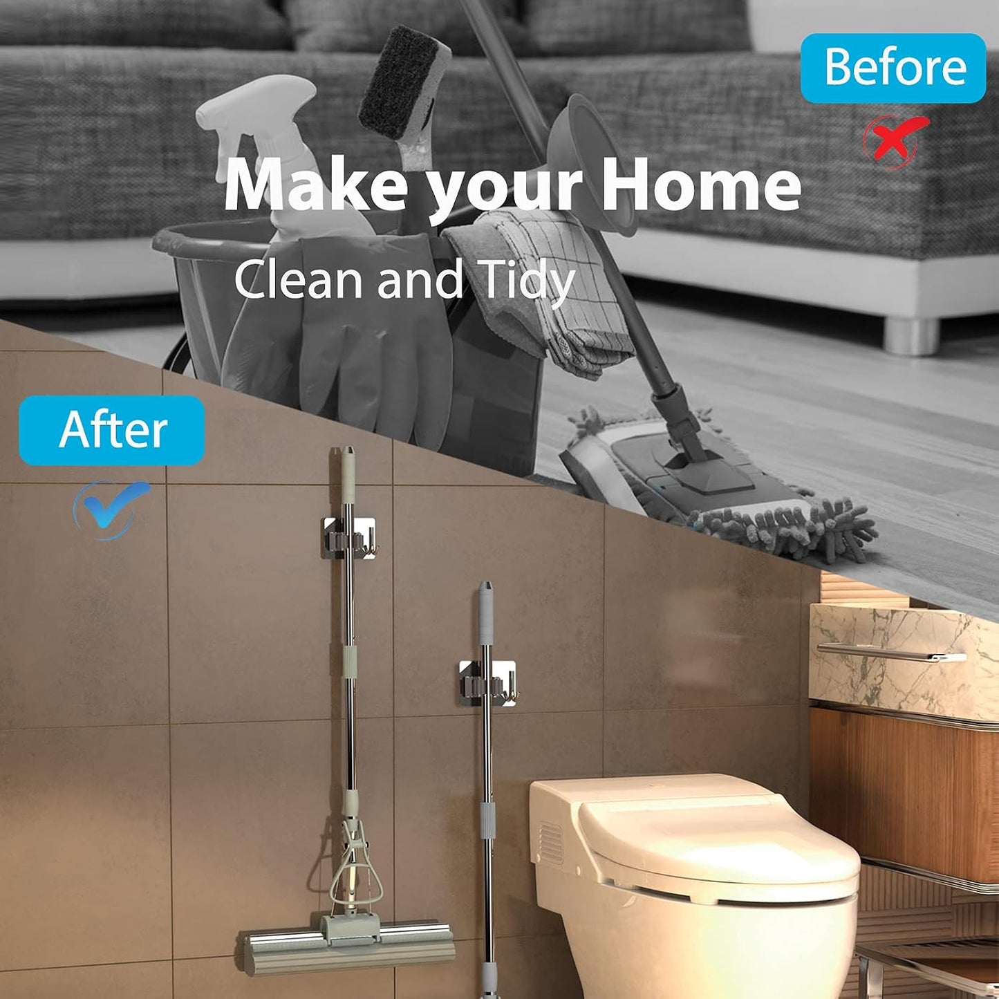 homeasy Mop Broom Holder No Drill, Mop Broom Organizer Wall Mounted Heavy Duty with Hooks Hanger, Self Adhesive Stainless Steel 4Pcs for Bathroom, Kitchen, Office (Silver)