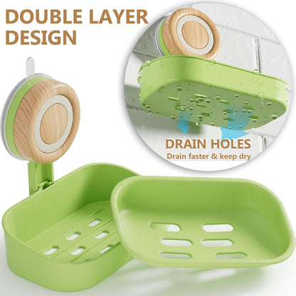 Double Layer Soap Dish for Shower 2 Pack, Wall Mounted Bar Soap Holder Suction Cup 2 Layer Self Draining Soap Case Sponge Holder for Shower Bathroom, Tub and Kitchen Sink, Drill-Free Tray