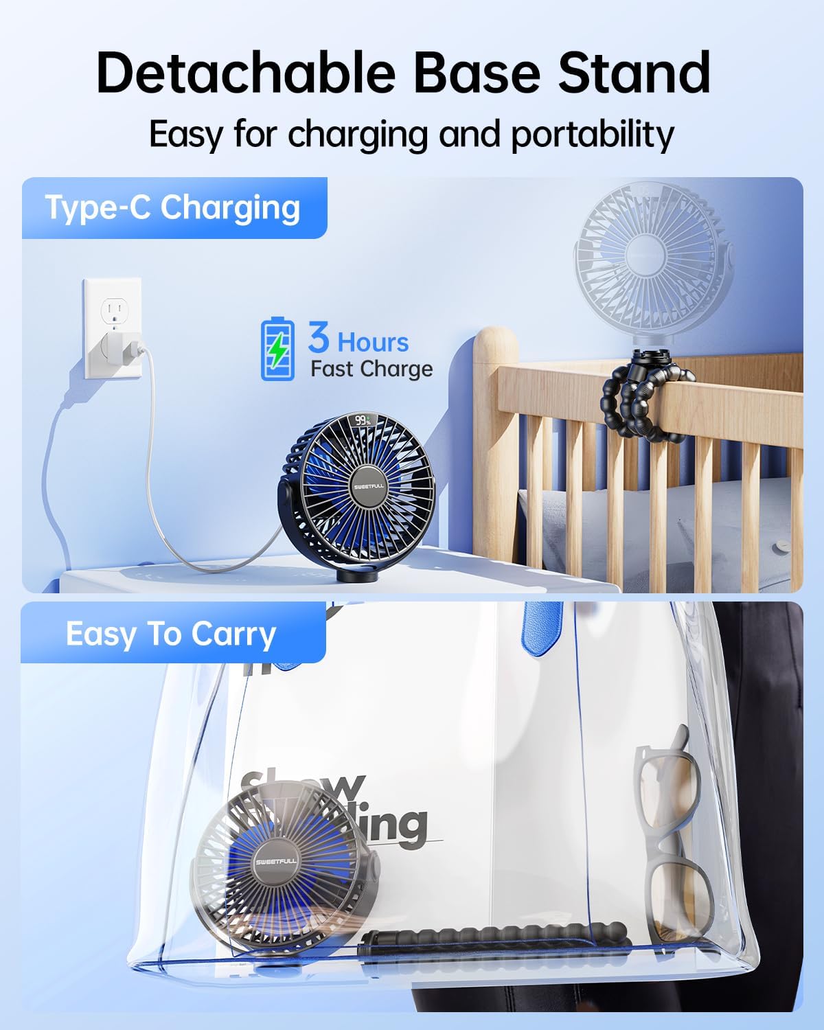 SWEETFULL [2026 Upgrade Portable Stroller Fan with LED Display, 4 Speed Rechargeable Mini Clip On Fan, 360° Rotate Flexible Tripod Better Cooling Small Baby Fan for Car Seat Crib Travel Treadmill