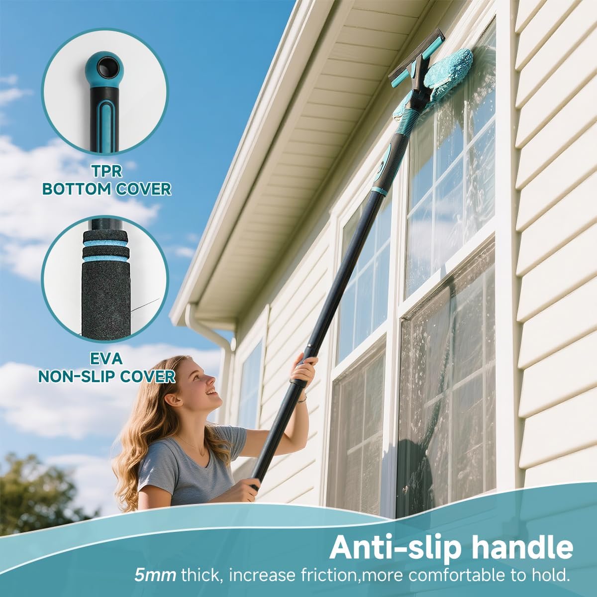 Buysenton Professional 2-in-1 Window Squeegee Cleaner Tool with 62" Extension Pole, Rotatable Bendable Head & Scrubber, Car Glass Cleaning Kit for Windows, Shower, Gas Station - 1 Blade 2 Scrubber