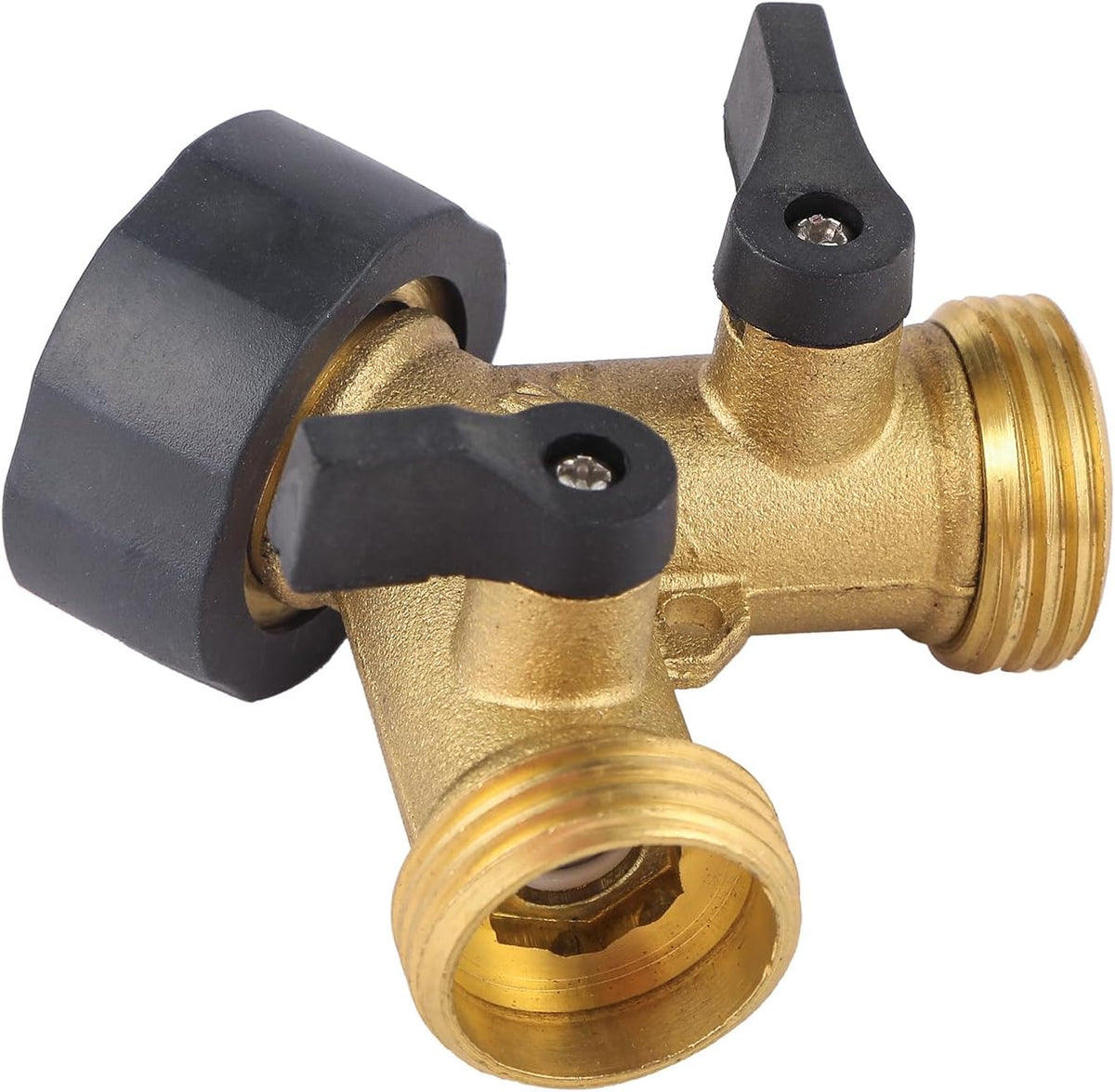 Garden Hose Splitter 2 Way Heavy Duty, Brass Faucet Adapter With Rubber Grip Handle For Gardening Water Hose Shut Off Valve Hose Connector Fittings Outdoor Water Spigot Hose Bib Y Splitter
