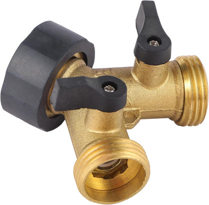 Garden Hose Splitter 2 Way Heavy Duty, Brass Faucet Adapter With Rubber Grip Handle For Gardening Water Hose Shut Off Valve Hose Connector Fittings Outdoor Water Spigot Hose Bib Y Splitter