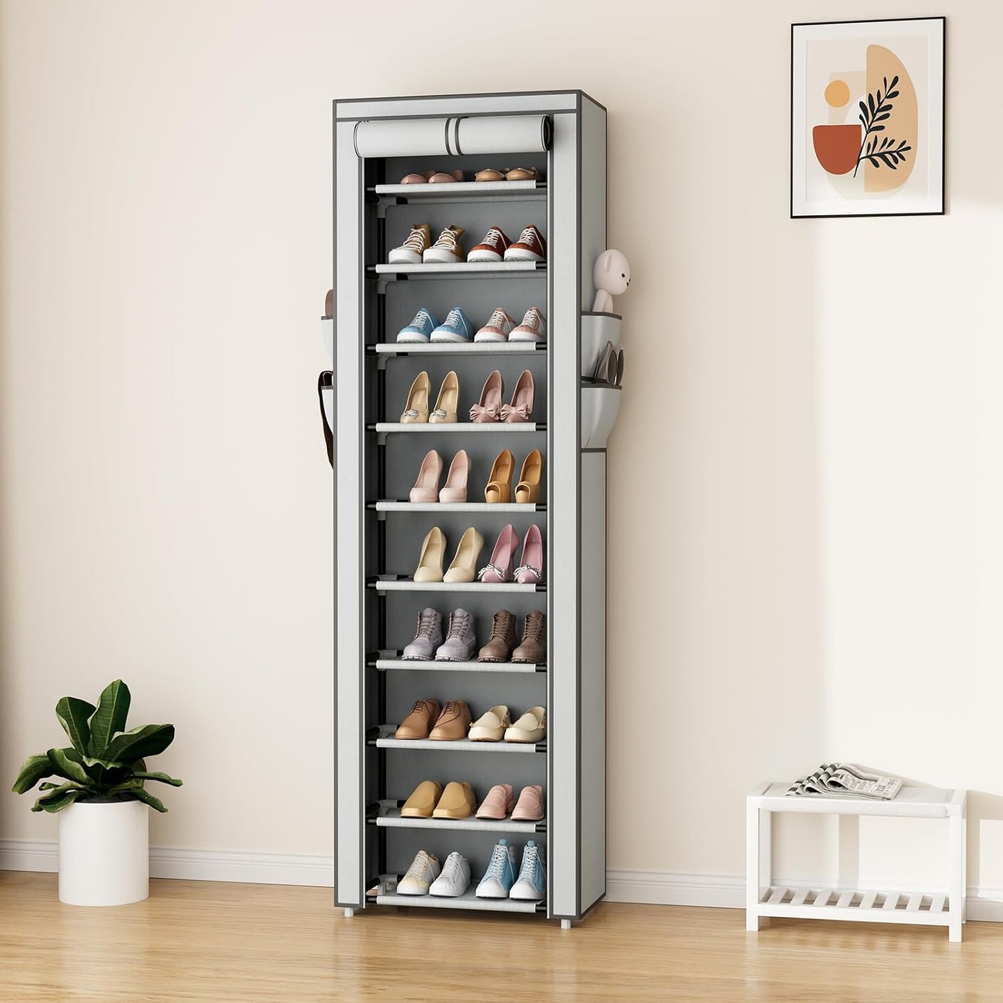 ROJASOP 10 Tier Shoe Rack with Covers,Large Capacity Stackable Tall Shoe Shelf Storage to 50-55 Pairs Shoes and Boots Sturdy Metal Free Standing Shoe Rack Organizer for Closet Entryway Garage