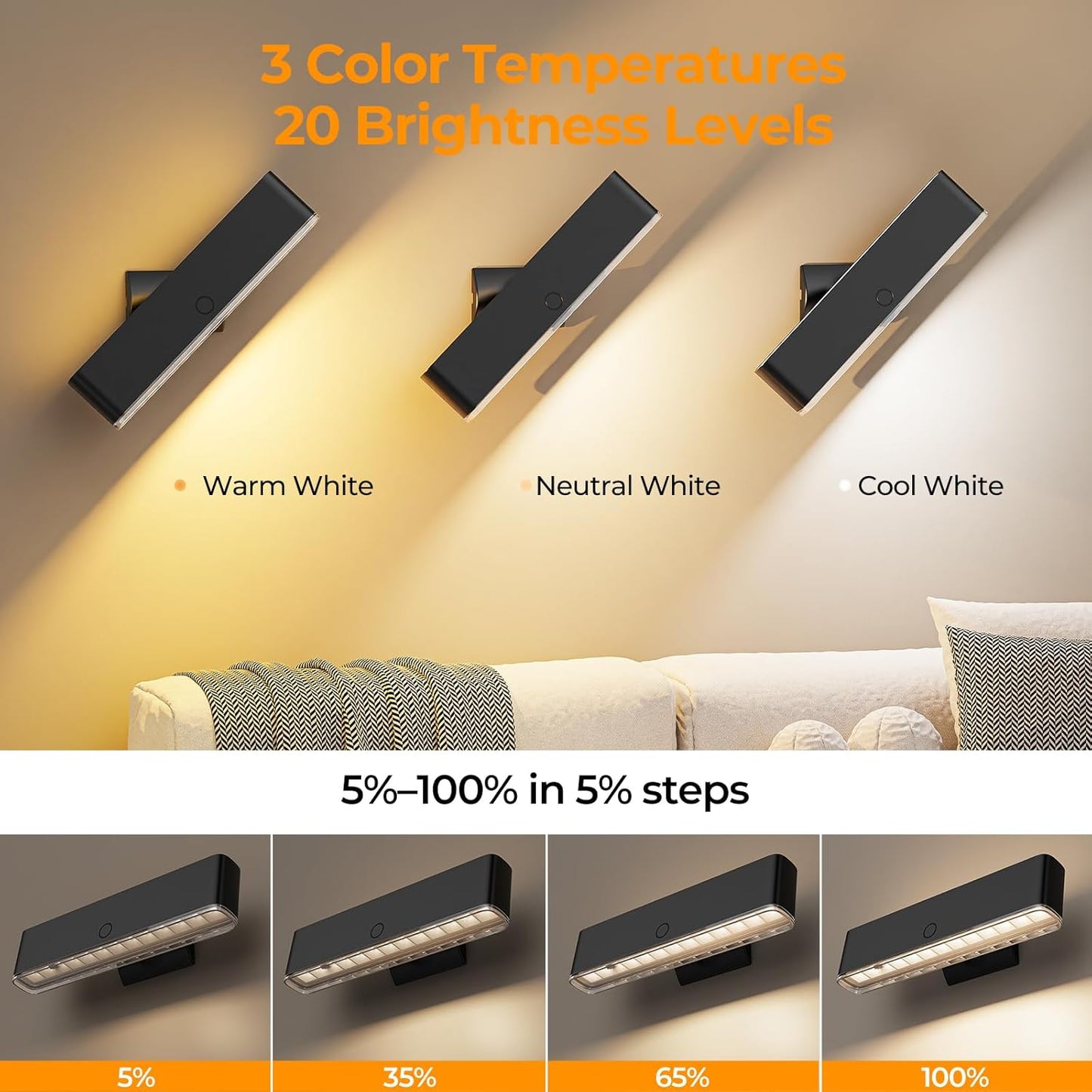 MOITA Magnetic Wireless Battery Operated Wall Sconce, Rechargeable Remote Control & Touch Control Wall Sconces Set of Two, 3-Color Temperatures LED Wall Lights, 360° Rotatable (Walnut, 2-Pack)