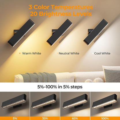 MOITA Magnetic Wireless Battery Operated Wall Sconce, Rechargeable Remote Control & Touch Control Wall Sconces Set of Two, 3-Color Temperatures LED Wall Lights, 360° Rotatable (Walnut, 2-Pack)