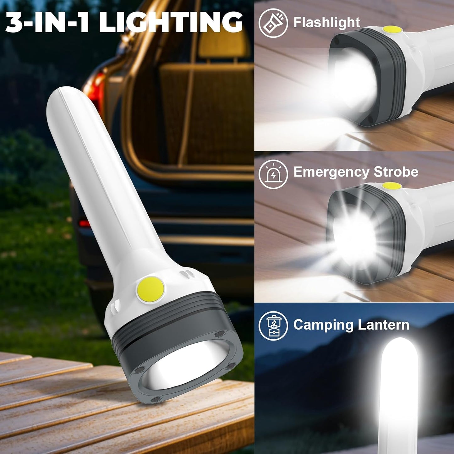 Flashlight Lantern Combo Rechargeable, 2-in-1 LED Flashlight with 360° Camping Lantern & Emergency Strobe, Compact Light for Camping, Power Outage, Car