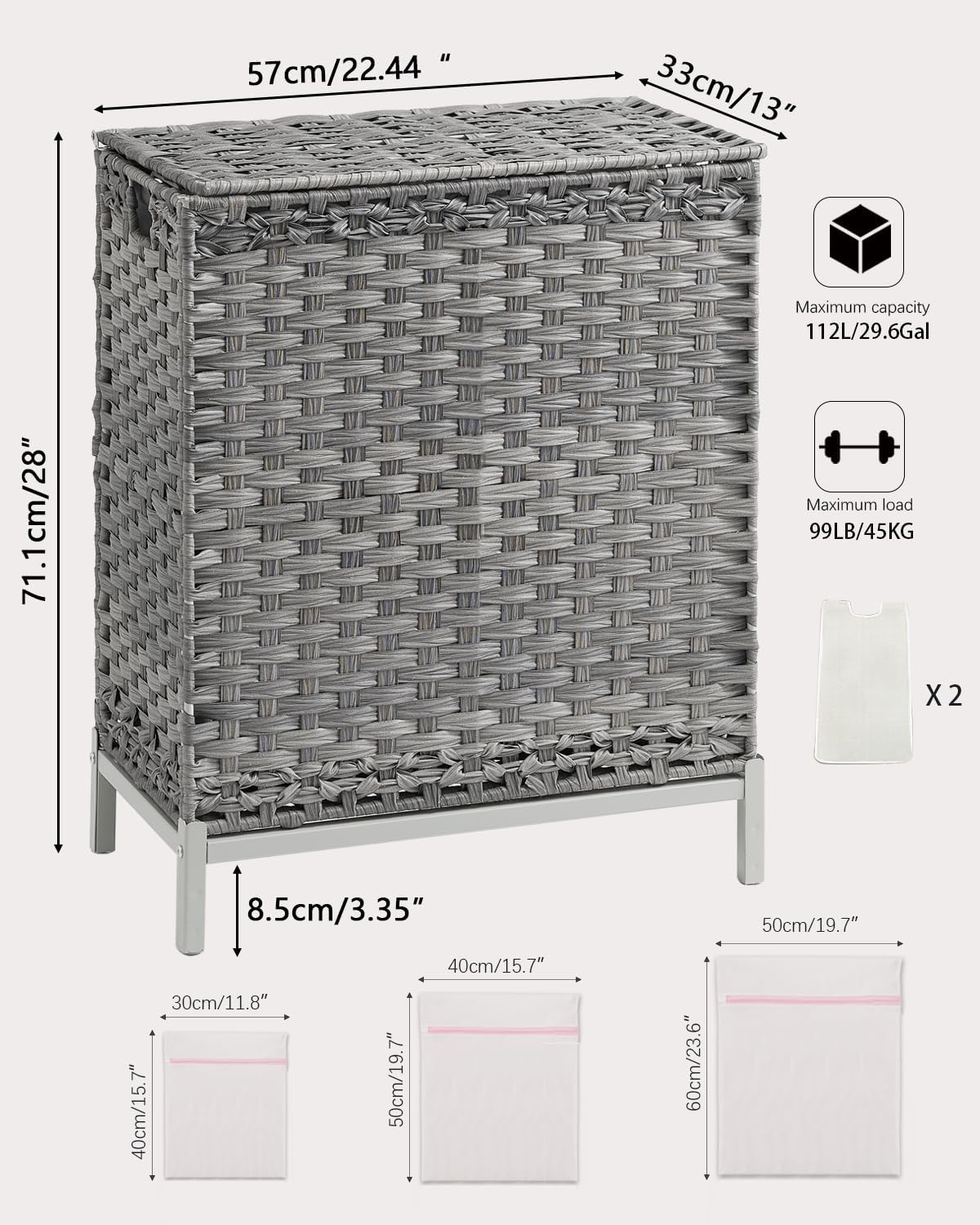 SETVSON Laundry Hamper with Lid 132 L, (35 Gallons) Clothes Hamper with Lid, Handwoven Rattan Laundry Hamper with Metal Heightened Feet, Laundry Hampers with 3 Removable Liner Bags for Laundry-Natural