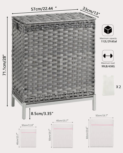 SETVSON Laundry Hamper with Lid 132 L, (35 Gallons) Clothes Hamper with Lid, Handwoven Rattan Laundry Hamper with Metal Heightened Feet, Laundry Hampers with 3 Removable Liner Bags for Laundry-Natural
