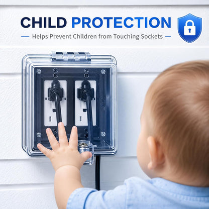 2-Gang Baby Safety Dual Outlet Cover Box - Fit 1.3“ x 2.66”, Easier Operation, Simple 4 Step Install,Provides Extra Space Inside for Plugs,Adapters,4.53" high x 4.35" Wide x 2.52" deep