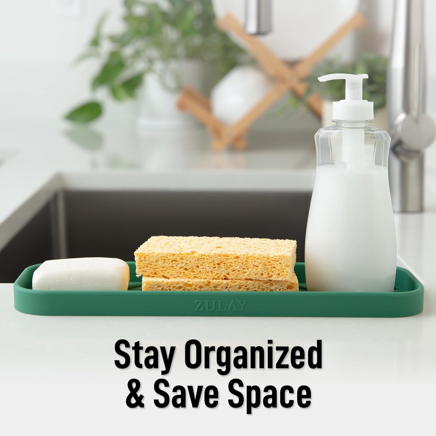 Zulay Kitchen (9x3.5in) Sponge Holder for Kitchen Sink - Flexible Heavy-Duty Multipurpose Sink Caddy - Counter Organizer for Kitchen, Bathroom, Makeup, Trinkets & More! (Grey)