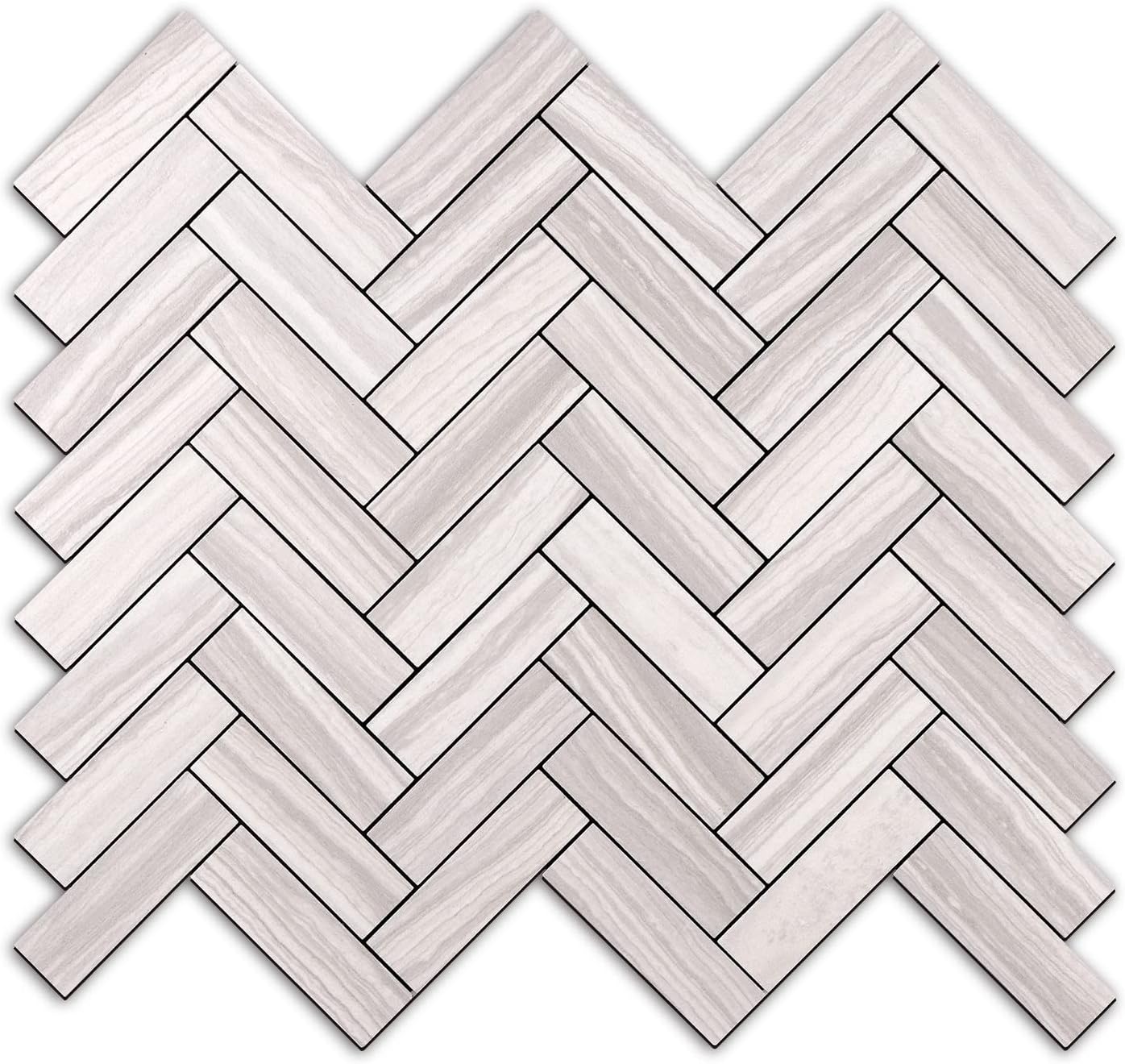 STICKGOO 10 Sheets Herringbone Peel and Stick Backsplash, Stick on Aluminum Composite PVC Kitchen Backsplash, Marble White Mixed Light Grey Look Self Adhesive Wall Tiles