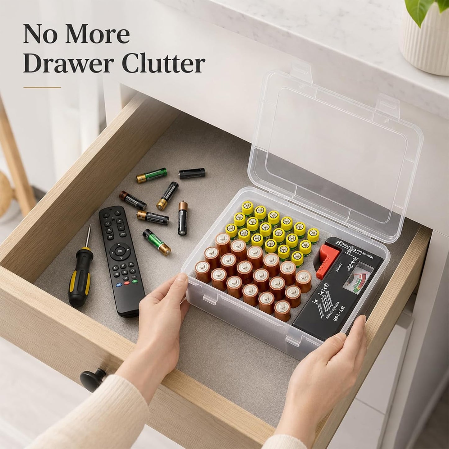 ALCYON Battery Organizer Storage Box with Test, Garage Case Holder for 18* AA, 18* AAA Batteries (Bag Not Include Batteries Pack)-White