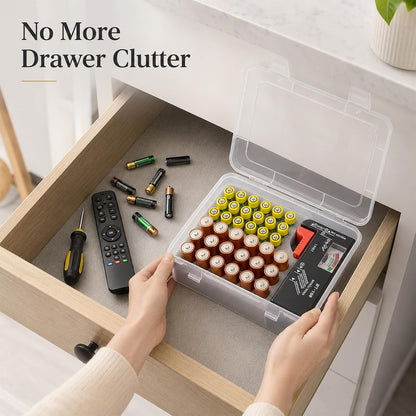 ALCYON Battery Organizer Storage Box with Test, Garage Case Holder for 18* AA, 18* AAA Batteries (Bag Not Include Batteries Pack)-White