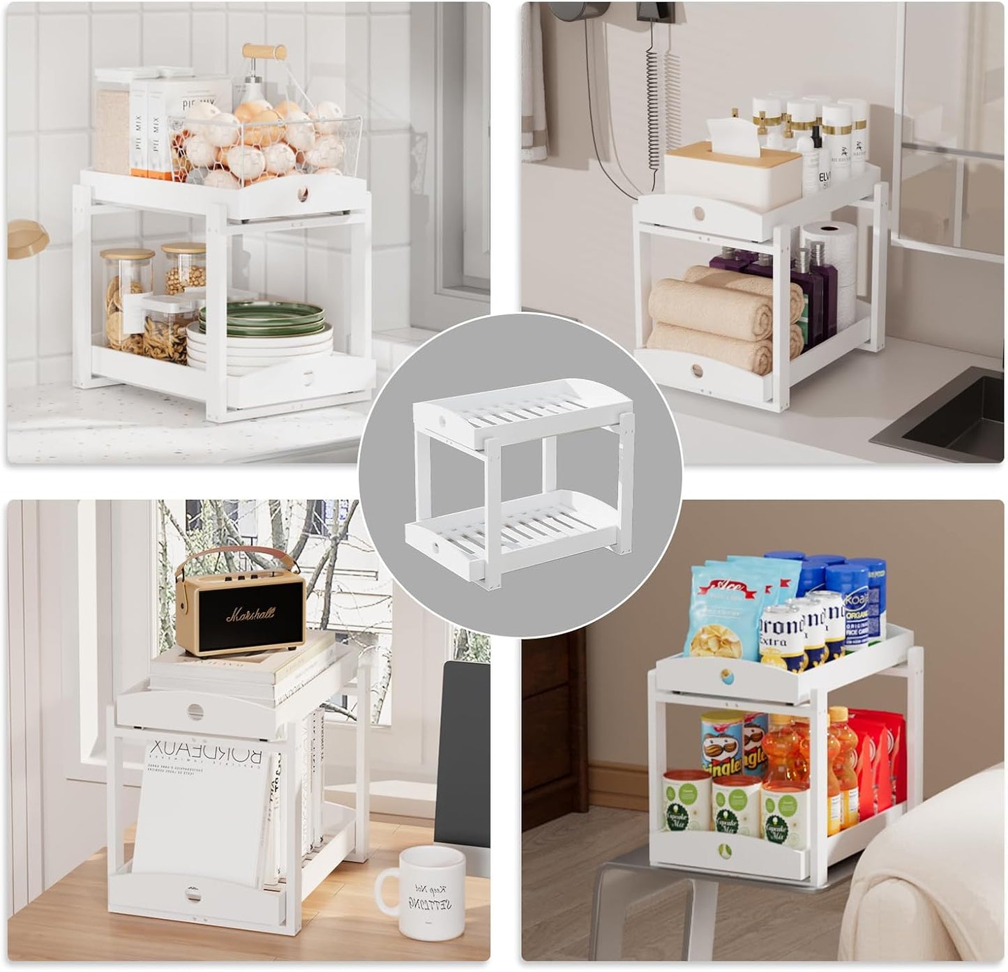 APRTAT 2 Pack Under Sink Organizer, Bamboo Wooden 2-Tier Pull-Out Storage with Sliding Drawers for Kitchen and Bathroom Cabinets, Easy Installation (Natural)