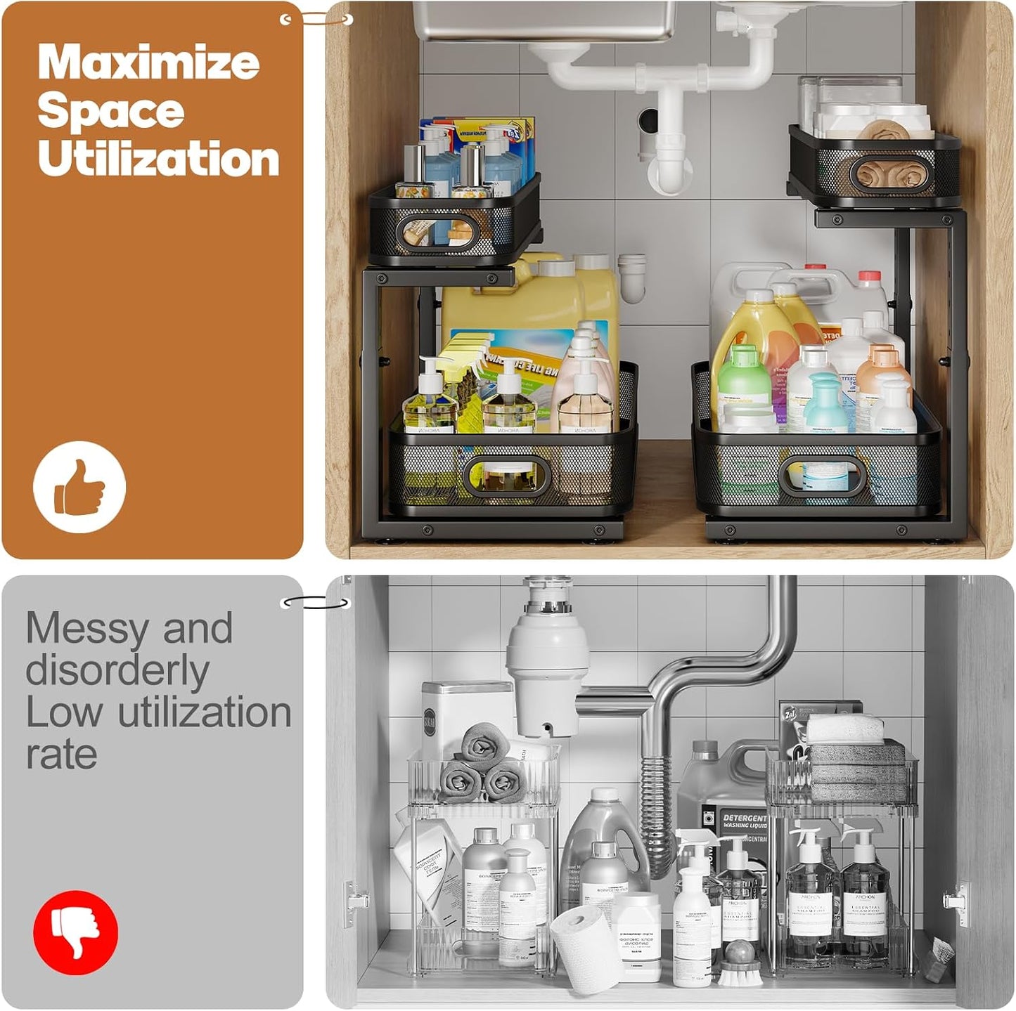 2 Pack Under Sink Organizer With Smooth Cylindrical Rail,2-Tier Pull Out Multi-Purpose Cabinet Storage for Bathroom&Kitchen,Height Adjustable,Rust-resistant Coating-White