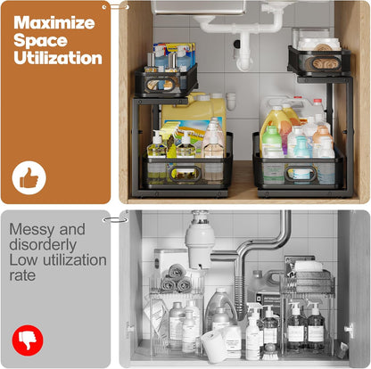 2 Pack Under Sink Organizer With Smooth Cylindrical Rail,2-Tier Pull Out Multi-Purpose Cabinet Storage for Bathroom&Kitchen,Height Adjustable,Rust-resistant Coating-White