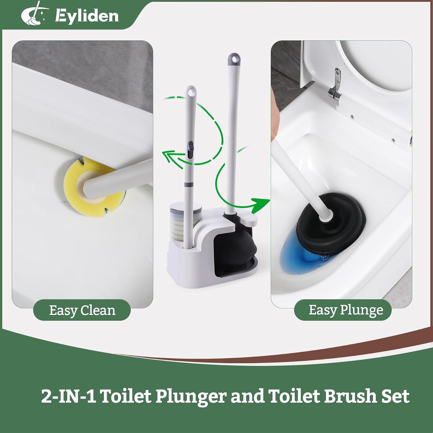 Eyliden Toilet Brush and Plunger Set, Disposable Wand Kit with 10 Refills | Pre-Soaked Concentrated Cleaner Sponge, Touch-Free, 2-in-1 Compact Holder, Powerful Suction Cup, Bathroom Cleaning System