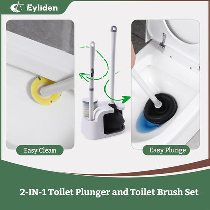 Eyliden Toilet Brush and Plunger Set, Disposable Wand Kit with 10 Refills | Pre-Soaked Concentrated Cleaner Sponge, Touch-Free, 2-in-1 Compact Holder, Powerful Suction Cup, Bathroom Cleaning System