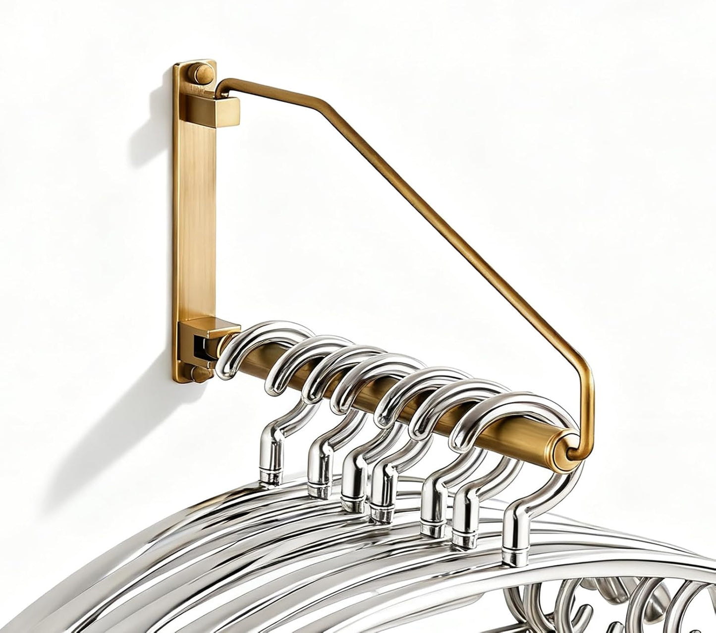 NEWRAIN Folding Wall Mounted Clothes Hanger Rack Clothes Hook Solid Brass with Swing Arm Holder Clothing Hanging System Closet Storage Organizer Heavy Duty Drying Rack Wall Mount,Brushed Gold