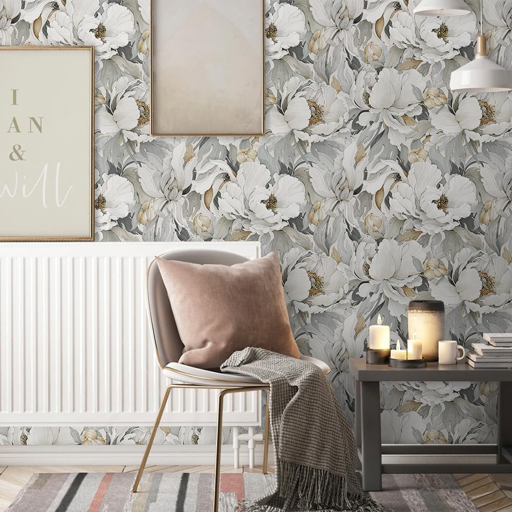 MuralPeel Dark Grey White Poppies Peony Floral Vintage Peel and Stick Wallpaper Self Adhesive Removable Easy Peel Off Stick on Wall Paper for Bedroom Cabinet Renter
