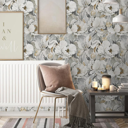 MuralPeel Dark Grey White Poppies Peony Floral Vintage Peel and Stick Wallpaper Self Adhesive Removable Easy Peel Off Stick on Wall Paper for Bedroom Cabinet Renter