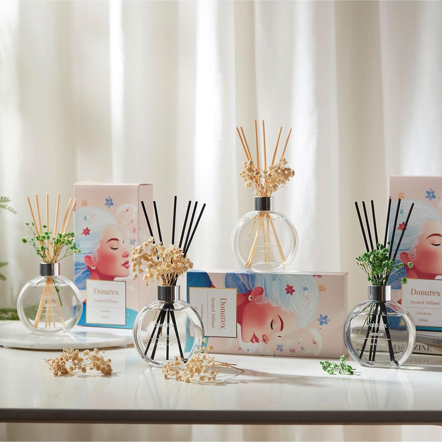 Flower Reed Diffuser Set 5.07oz Satin Rose Scent Diffuser with Sticks Home Fragrance Reed Diffuser for Bathroom Shelf Decor