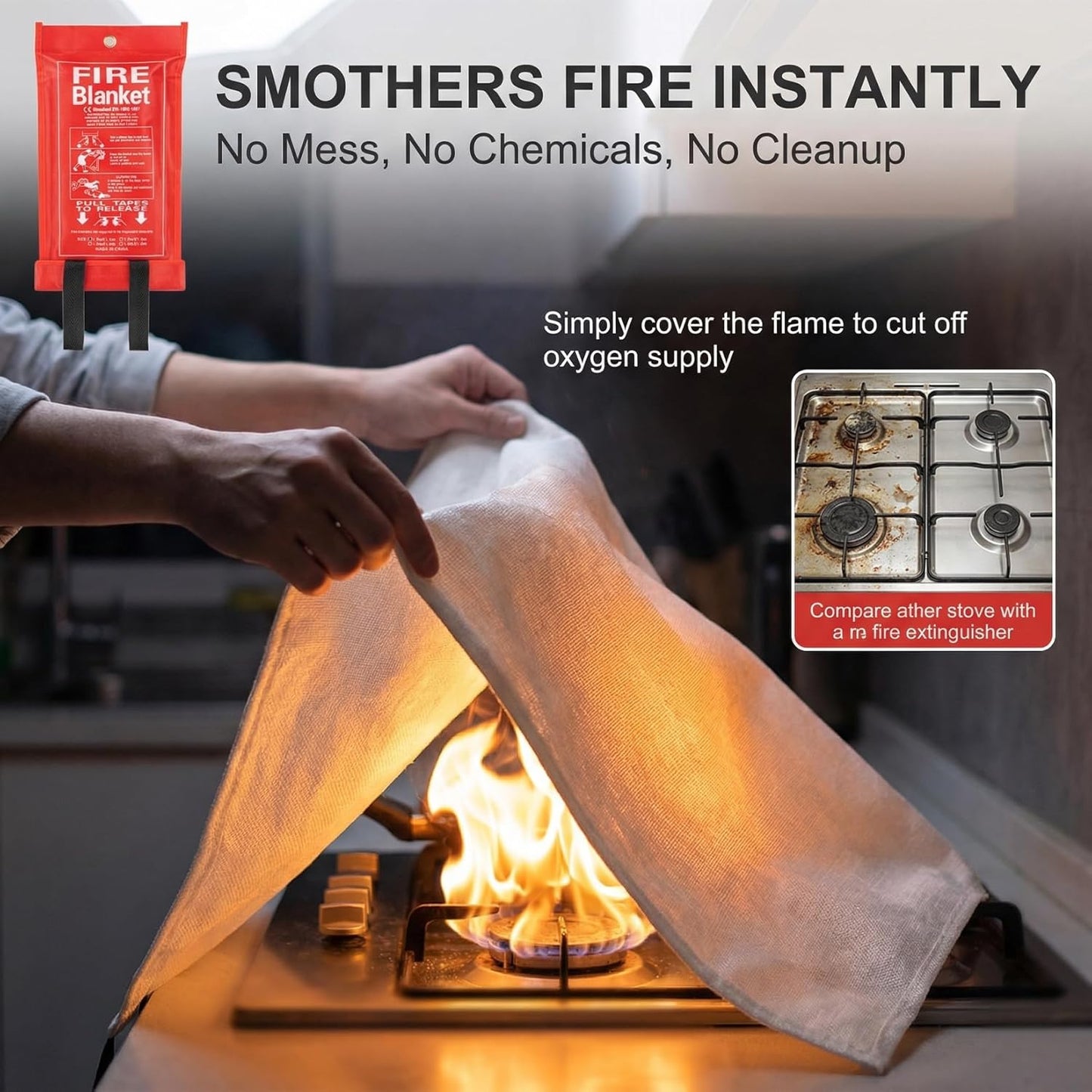 RAINFLOW 40inch Fire Blanket - Emergency Blanket for Home and Kitchen Fiberglass Fire Blanket for Home Office Car Warehouse Grill Camping Essentials Survival Safety