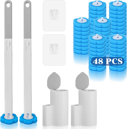 2 Pack Disposable Toilet Brush and Holder Set, Extended Handle Toilet Bowl Cleaner Wand with 48 Refills Replacement Heads Pads Bathroom Maintenance Bathtub Stick Cleaning System Starter Kit