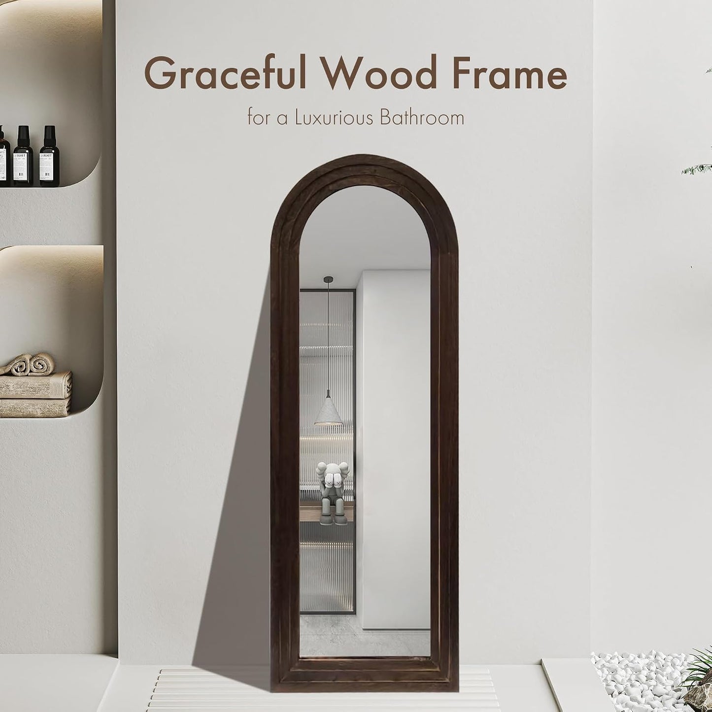 Hand-Made Wooden Spliced Full-Length Mirror with Stand, Rustic Farmhouse Mirror, Solid Wood Frame, Vertical Hanging, Leaning Standing for Bedroom, Living Room (Brown, 65" x 24", Arched)