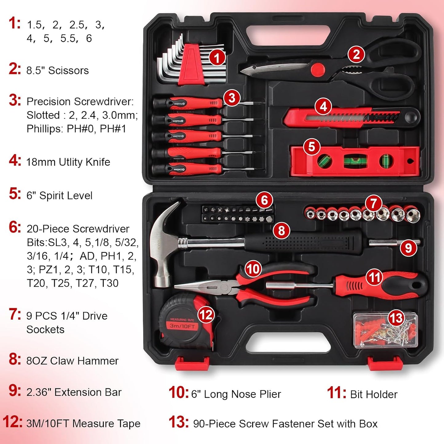 51-Piece Red Tool Set, Home Tool Kit with Toolbox Storage Case Home Repair Tool Kit with Drawer for Women2