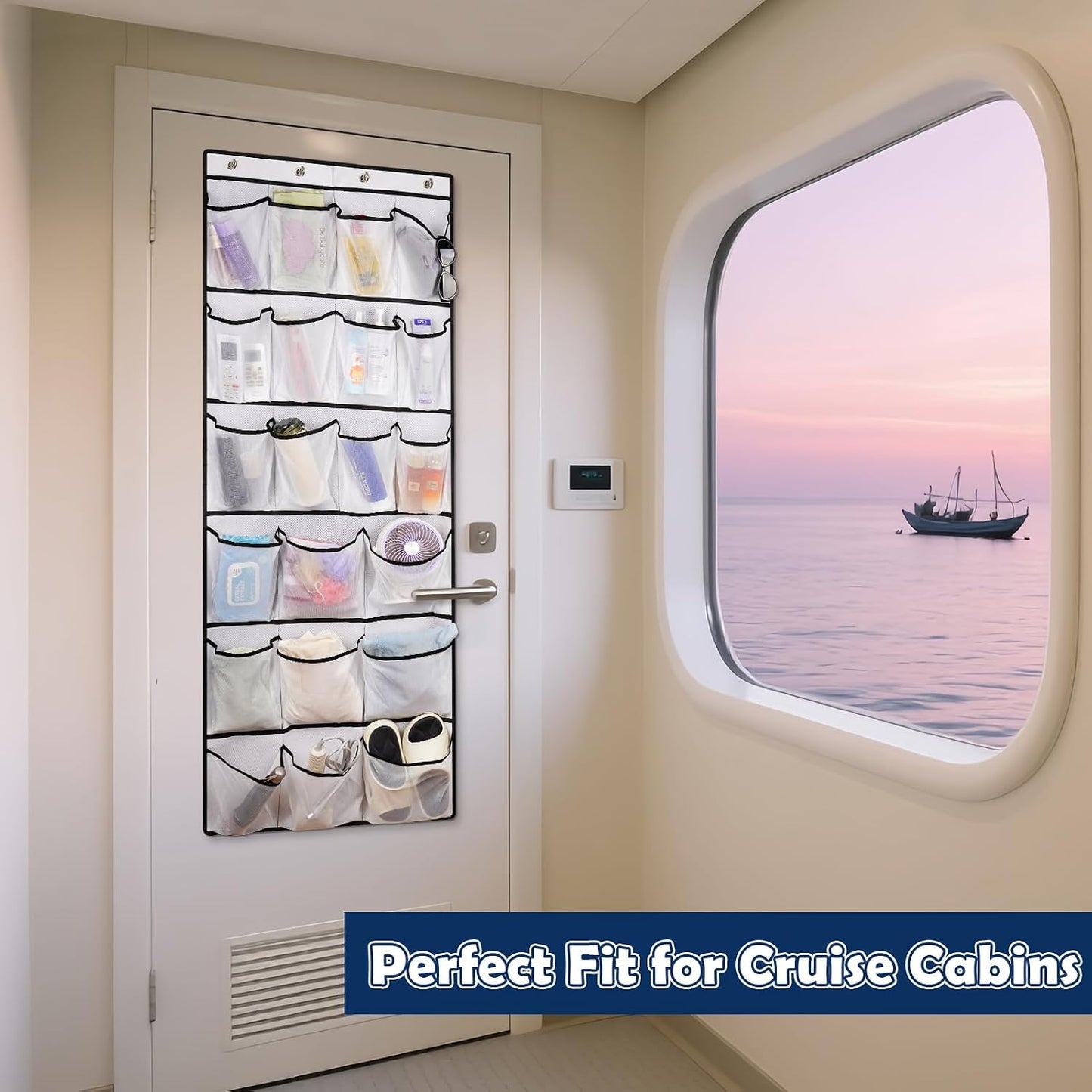 Over The Door Cruise Ship Organizer - Cruise Ship Magnetic Door Organizer with 15 Size-Graded Pockets, Hanging Magnetic Cruise Storage Shoe Rack for Cabin, 2026 Cruise Essential, 9 Hooks(White)