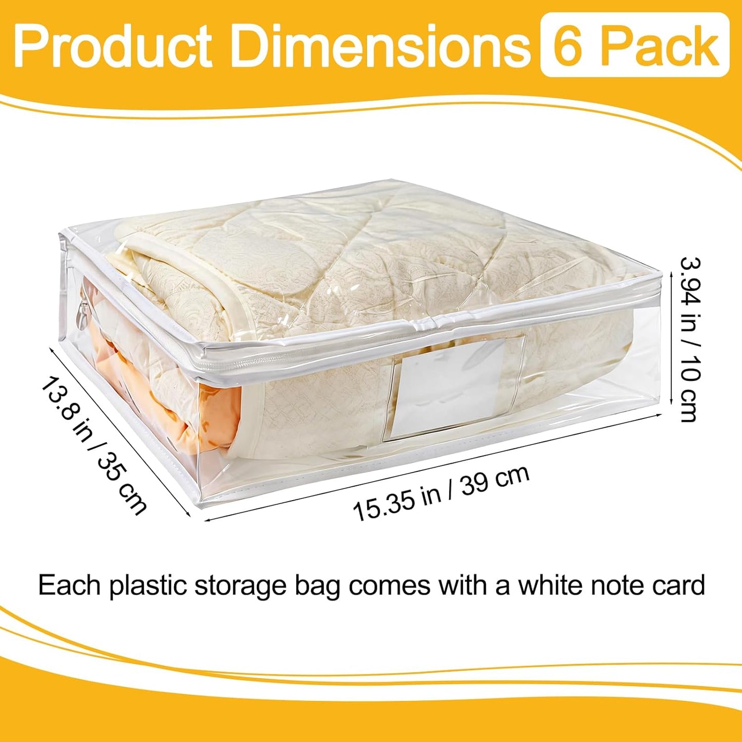 6 Pack Clear Zippered Plastic Storage Bags, Vinyl Sweater Bags with Zipper, Durable Clothing Organizer Protectors for Quilt, Blankets and Bedding, 15.3" x 13.8" x 3.9"