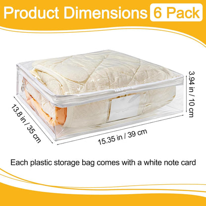 6 Pack Clear Zippered Plastic Storage Bags, Vinyl Sweater Bags with Zipper, Durable Clothing Organizer Protectors for Quilt, Blankets and Bedding, 15.3" x 13.8" x 3.9"