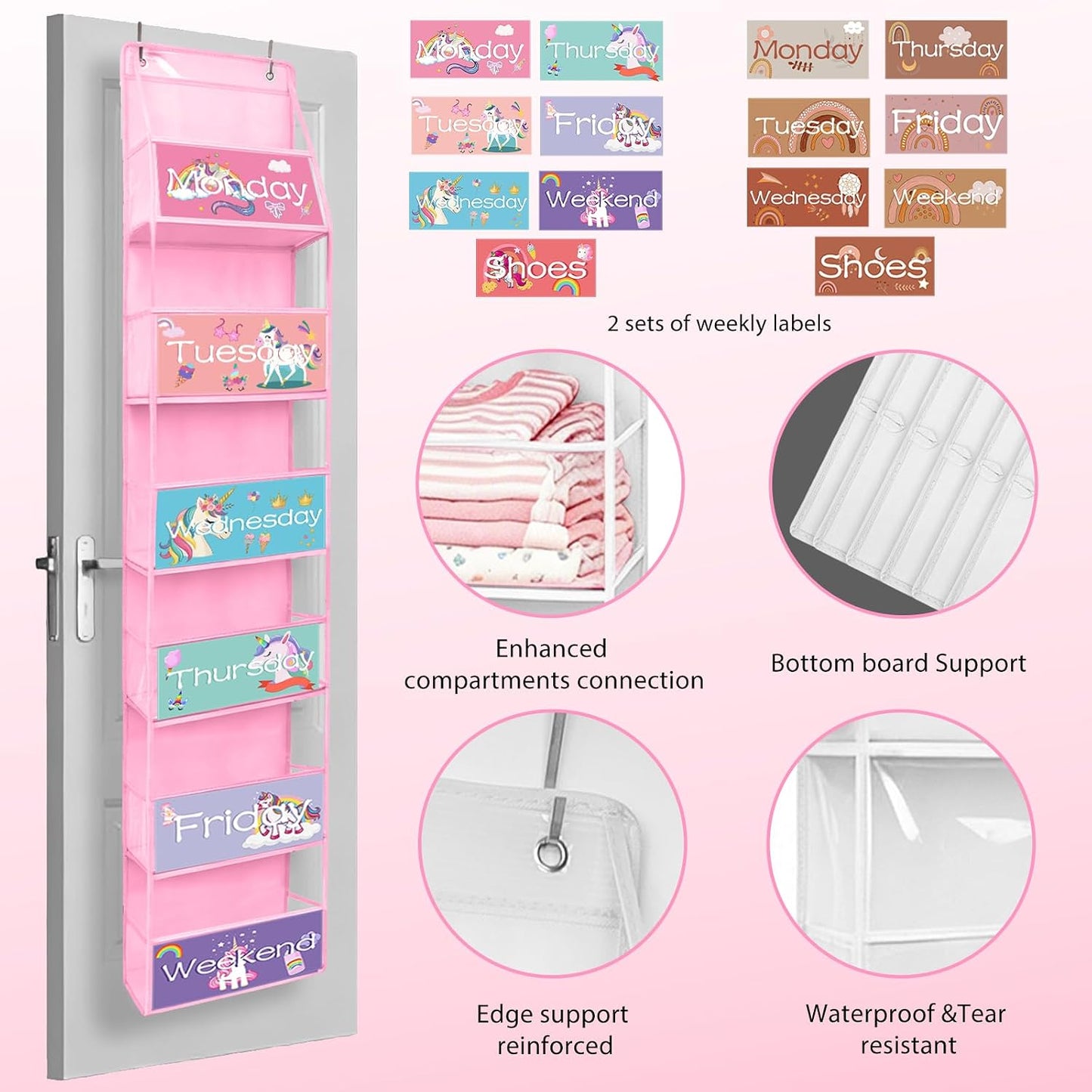 2 Pack Weekly Clothes Organizer for Kids, 6 Shelf Hanging Closet Organizer with Clear Window, Foldable Days of the Week Over the Door Outfit Organizer with Labels for Closet School