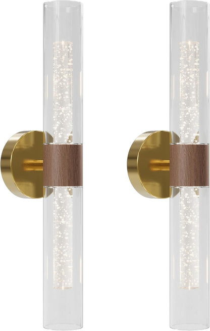 10000mAh Battery Operated Wall Sconce Set of 2, Rechargeable Wireless Wall Lights with Remote Control, Dimmable Timer 3 Color Temperature Glass Wall Lamp for Living Room Bedroom Gold 21.5 Inch