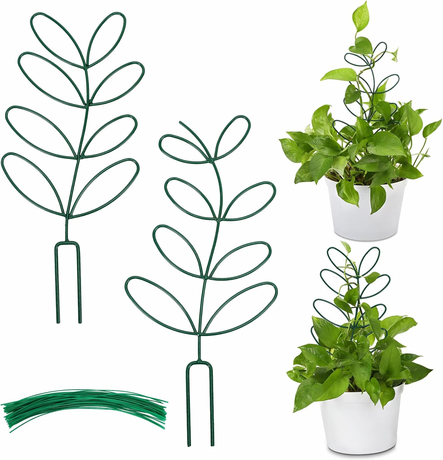 AUGSUN 2 Packs Plant Trellis Garden Trellis Plant Stakes Trellis | for Climbing Plants, Indoor Plants Metal Leaf Shape, Plant Support for Houseplants, with 50 Ties Plant Lover Gift (Green)