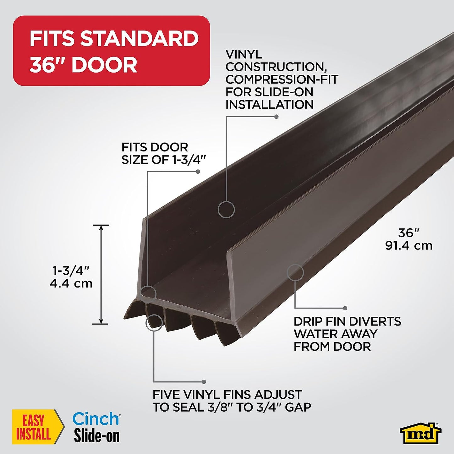 M-D Building Products Vinyl Cinch U-Shape Door Bottom Seal, Slide-On Weatherstripping Draft Stopper, Easy to Install, Fits 36” x 1-3/4” Doors, Fills 3/8”- 3/4” Gaps, 43337, Brown