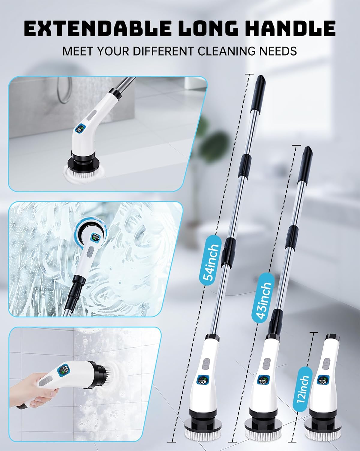Electric Spin Scrubber for Bathroom | Shower Cleaner Brush with Long Handle | Dual Speed Cordless Power Scrubber with 7 Brushes Heads | IPX7 Waterproof Scrub Brush for Bath Tub Tile Grout Glass Tool