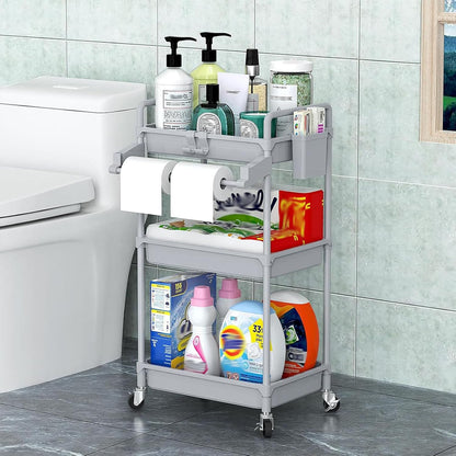 SPACEKEEPER Rolling Storage Cart, 4-Tier Bathroom Organizer Utility Cart Laundry Room Organization Mobile Shelving Unit with Towel Rack, Lockable Wheel, Hooks & Cup for Kitchen Bedroom Office, White