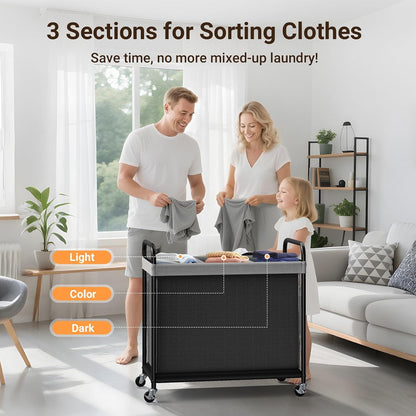 ELYKEN Laundry Hamper 3 Section, 120L Rolling Laundry Sorter with Removable Liner Bag, Laundry Basket with Wheels, Steel Frame with Metal Handle, Clothes Hamper Cart for Laundry Room & Bedroom