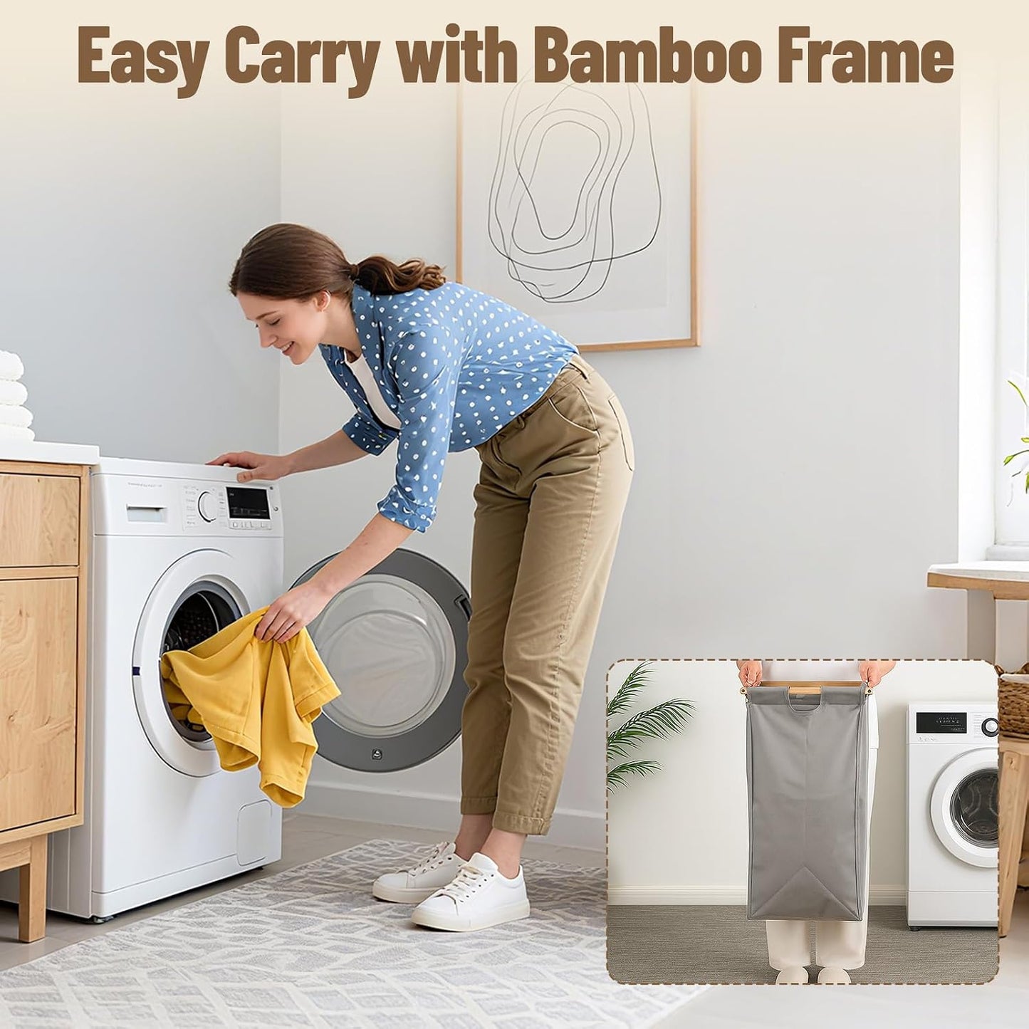 Bamboo Laundry Hamper 3 Section with Lid, 150 L Laundry Sorter with Pull-Out Removable Washable Bags, 3 × 12.5 Gal Divided Laundry Baskets for Laundry Room, Bathroom (Gray)