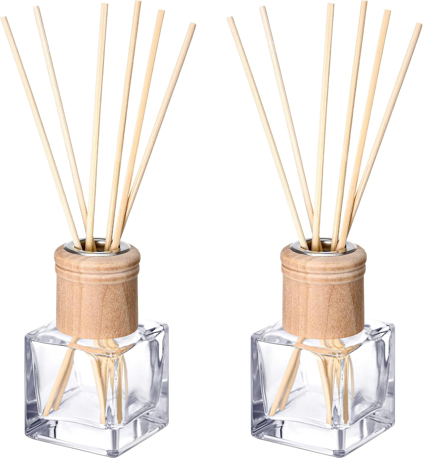 Roshtia 4 Set Reed Diffuser Bottle Empty Refillable Fragrance Glass Diffuser Bottles with Wooden Caps Rattan Sticks 50ml 1.7 oz Glass Jars for DIY Fragrance
