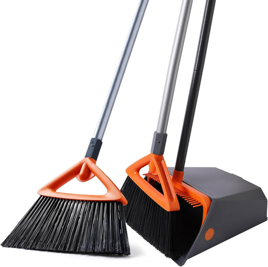 CLEANHOME Heavy Duty Outdoor Broom and Dustpan Set with Long Handle, Standing Dustpan & Split-End Bristles for Patio, Garage, Deck, Leaves Debris Cleaning