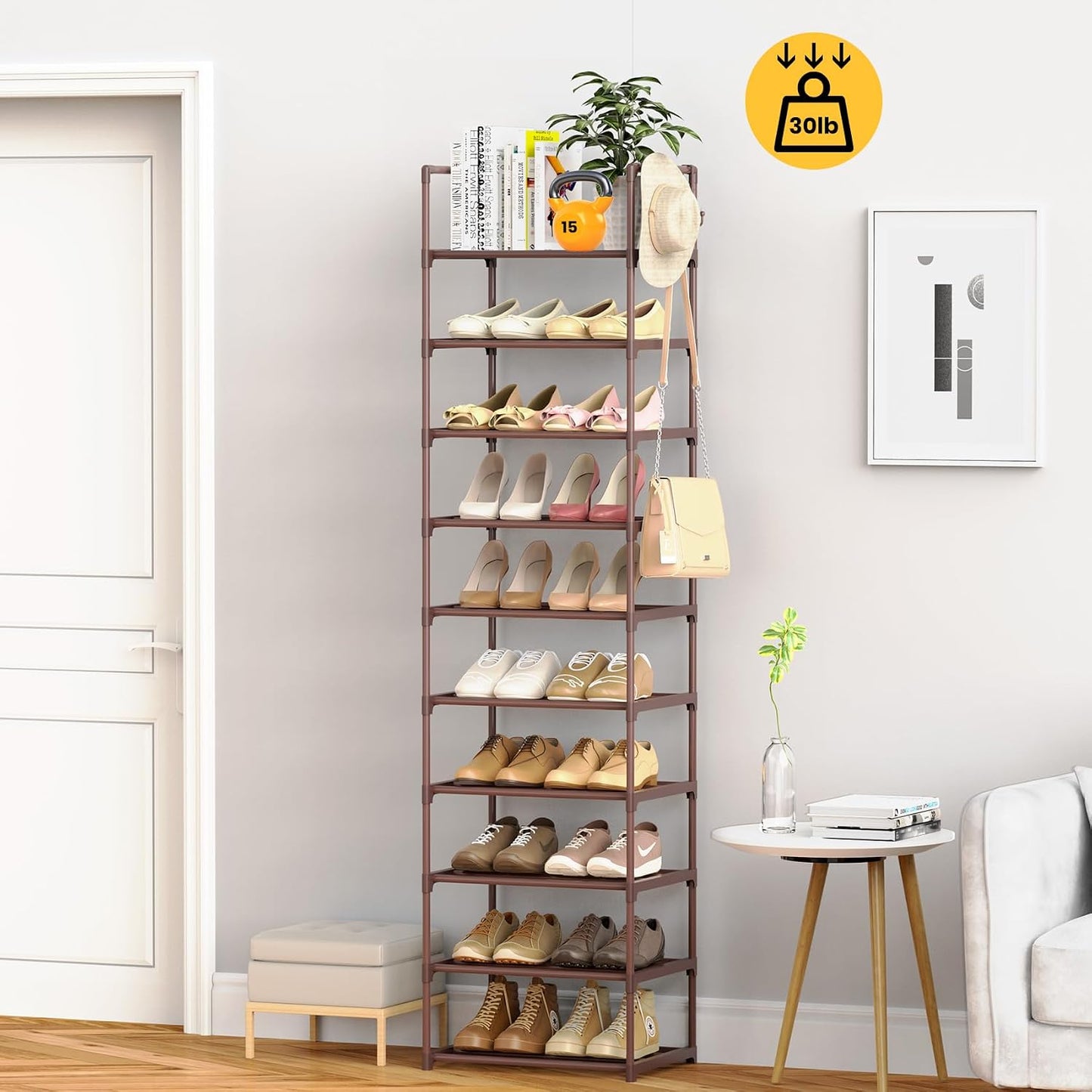 Narrow Shoe Rack 10 Tiers Tall Shoe Rack for Entryway Closet 20 24 Pairs Shoe & Boots Organizer Storage Shelf Durable Black Metal Stackable Shoe Cabinet with Hooks, 17.1D x 11.8W x 78.7H in