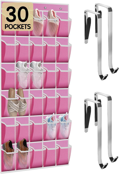 Kotkn Over the Door Shoe Organizer with 30 Breathable Mesh Pockets - Large Capacity Closet Storage for Men & Women, Hanging Shoe Rack Organizer (Gray)