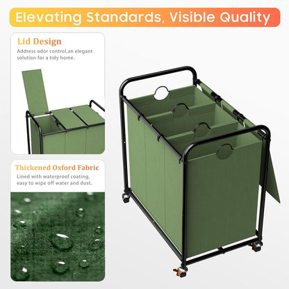 180L (47.55 Gal) Laundry Sorter 3 Section, Rolling Laundry Basket with Lockable Wheels and Lid, Laundry Hamper with 3 Separated Removable Bags Dirty Clothes Hamper for Laundry Room Organizer, Black