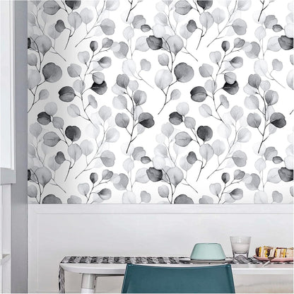 HAOKHOME Peel and Stick Wallpaper Boho Green/White Botanical Leaf Floral Wall Mural Home Nursery Decor Renter Friendly Wallpaper 17.3in x 9.8ft
