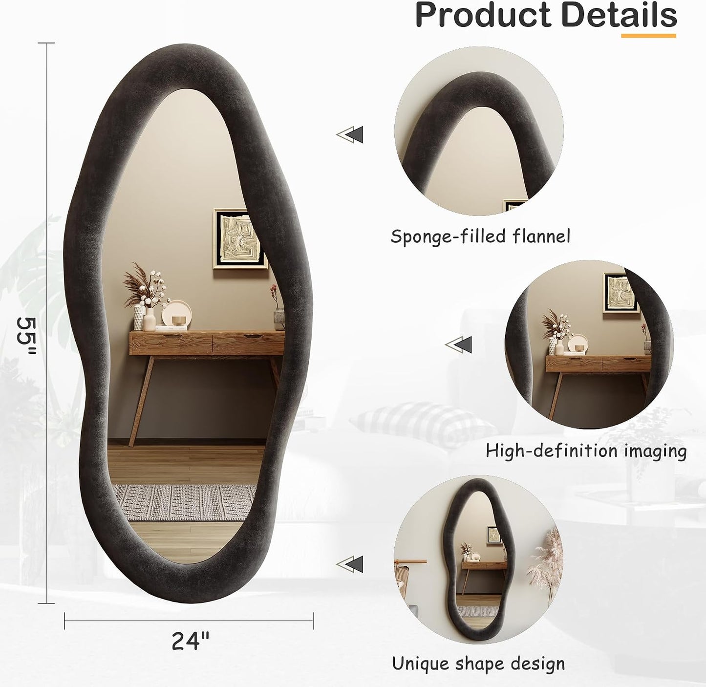 Honyee Full Length Mirror, 63" x 24" Wall Mirror, Flannel Wrapped Wooden Frame Floor Mirror, Irregular Wavy Mirror Hanging or Leaning Against Wall for Cloakroom/Bedroom/Living Room, Milk Tea
