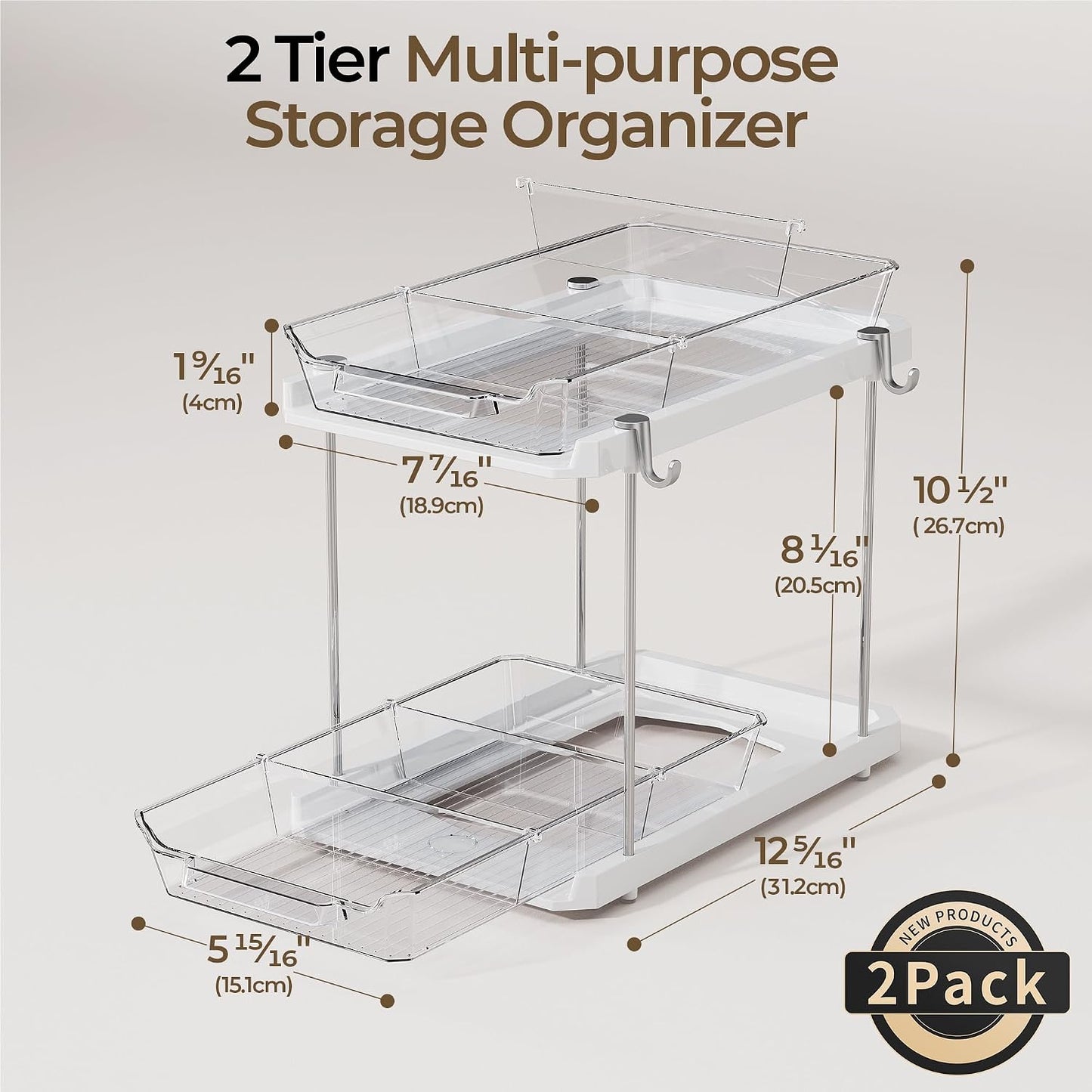 Delamu 2 Tier Under Sink Organizer Bathroom, Bathroom Cabinet Organizer with Snap-Lock Design and Hooks, Pull Out Storage with Movable Dividers, for Countertop, Kitchen and Pantry (Clear, 2 Pack)